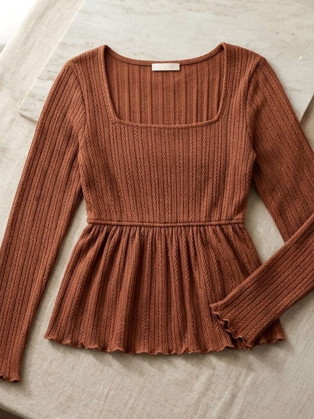 Brown Square Neck Ribbed Trim Hem Fit & Flare Baby Doll Peplum Top Medium